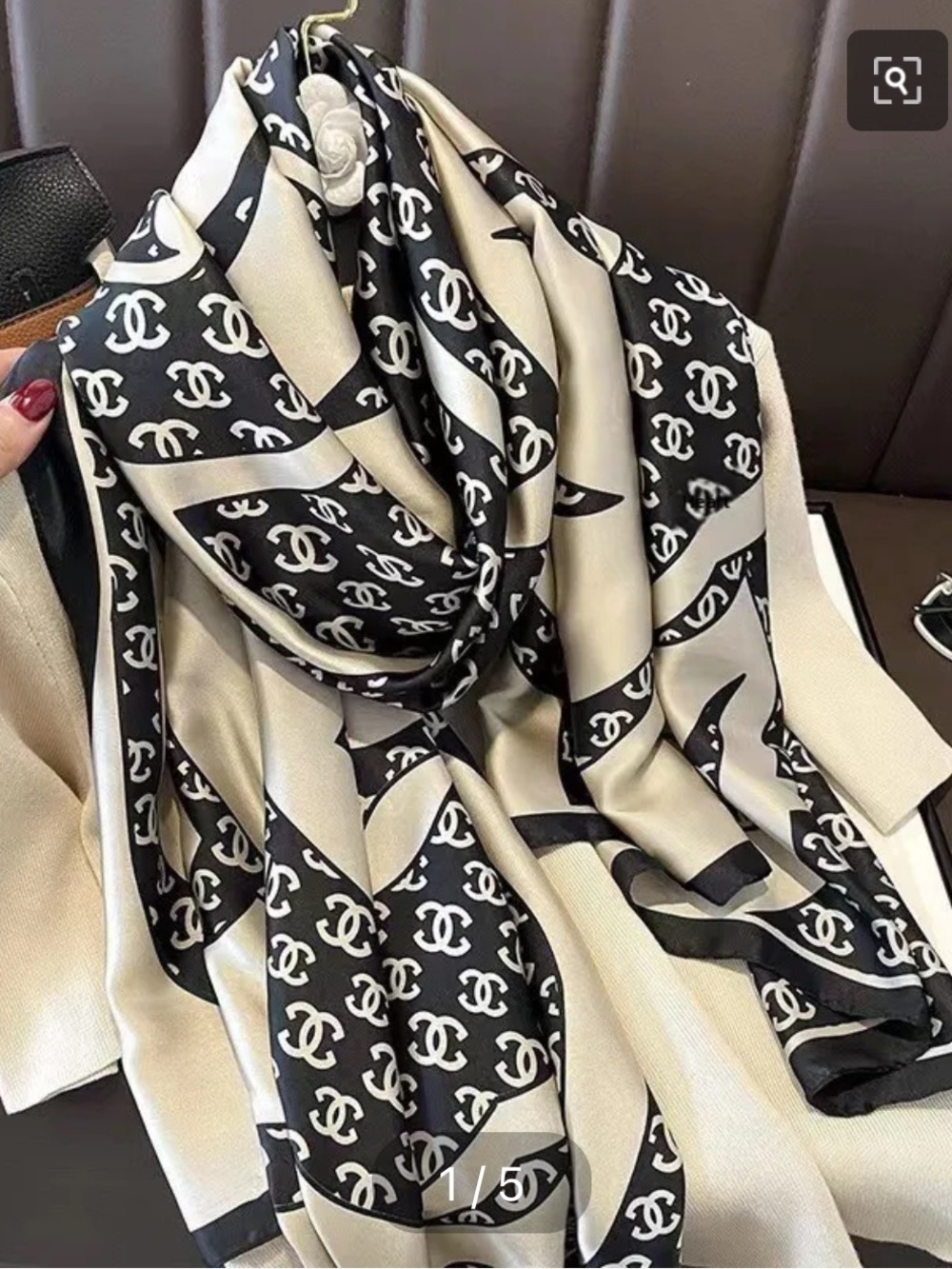 ShopEvelynne Black and Cream Logo Print Silk Scarf